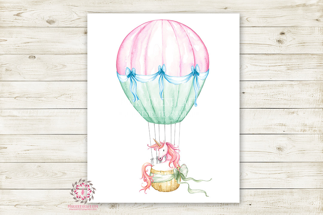 Unicorn Nursery Wall Art Print Baby Girl Ethereal Pink Hot Air Balloon Printable Watercolor Fantasy Magical Decor