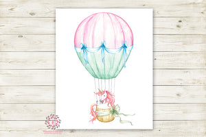 Unicorn Nursery Wall Art Print Baby Girl Ethereal Pink Hot Air Balloon Printable Watercolor Fantasy Magical Decor