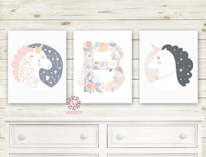 3 Sleeping Unicorn Boho Wall Art Baby Nursery Monogram Initial Celestial Stars Heart Printable Decor