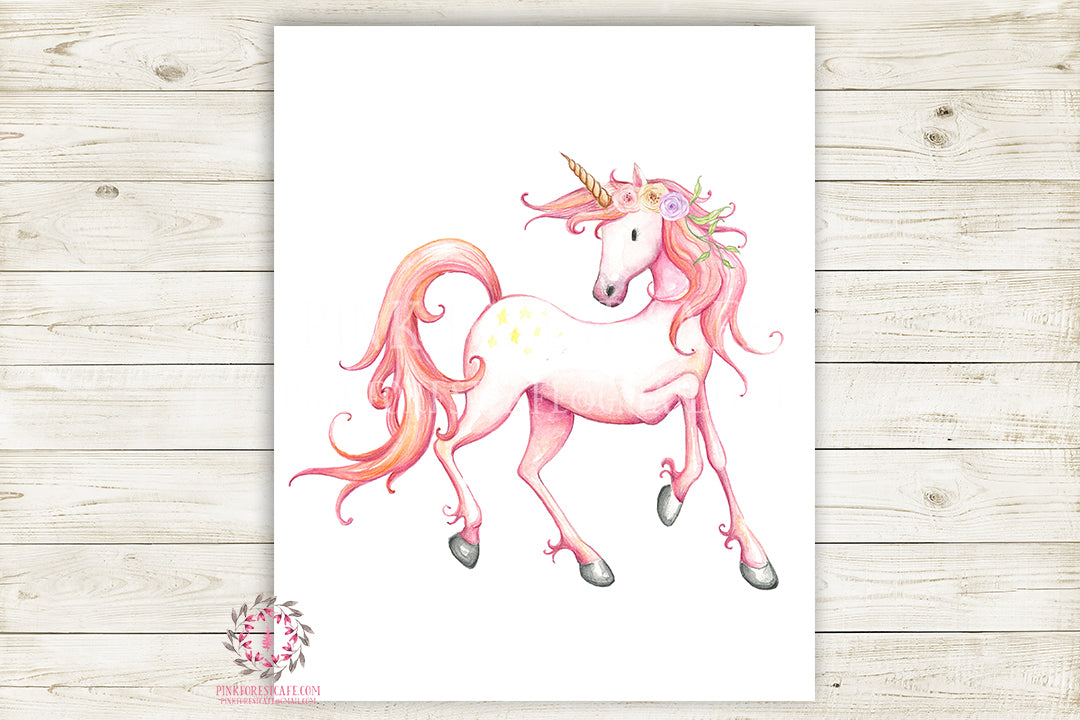 Boho Pink Unicorn Wall Art Print Baby Girl Nursery Fantasy Watercolor Poster Room Printable Decor