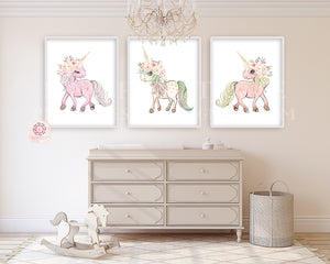 3 Boho Bokeh Unicorn Wall Art Print Baby Girl Pink Nursery Ethereal Whimsical Floral Prints Printable Decor