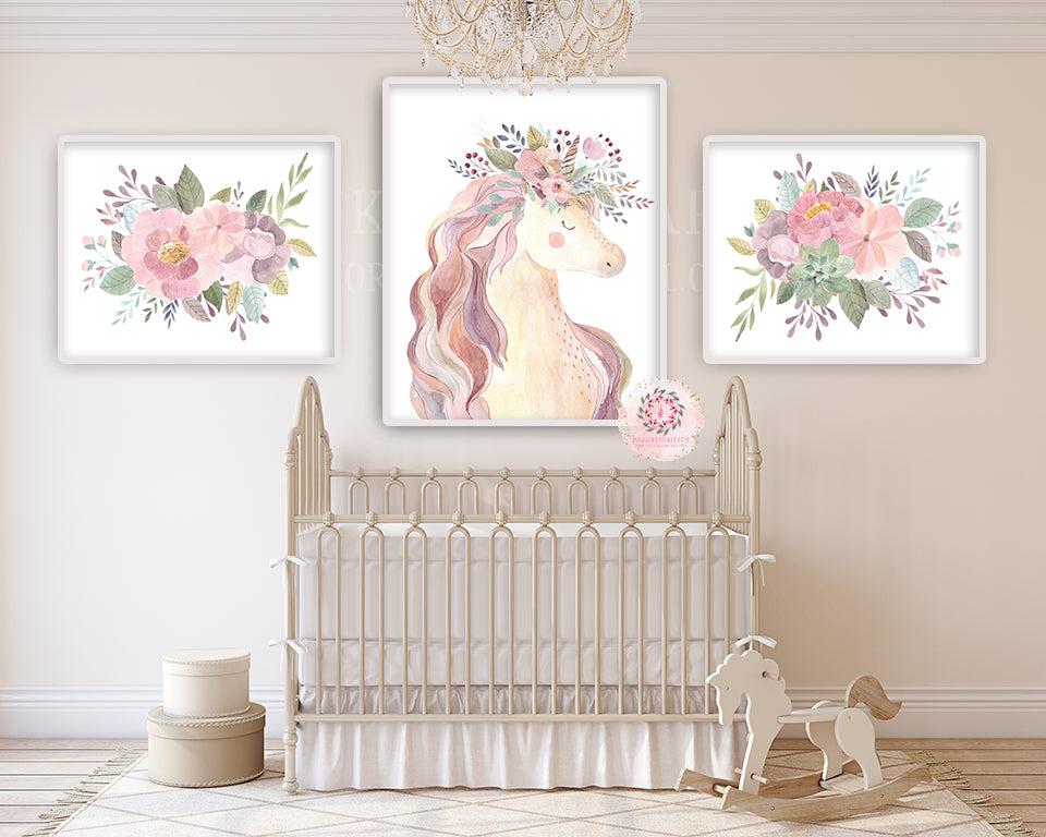 3 Boho Blush Unicorn Wall Art Print Baby Girl Nursery Ethereal Fantasy ...