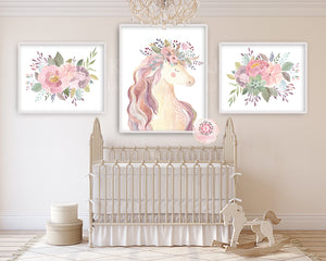 3 Boho Blush Unicorn Wall Art Print Baby Girl Nursery Ethereal Fantasy Watercolor Prints Set Lot Printable Decor