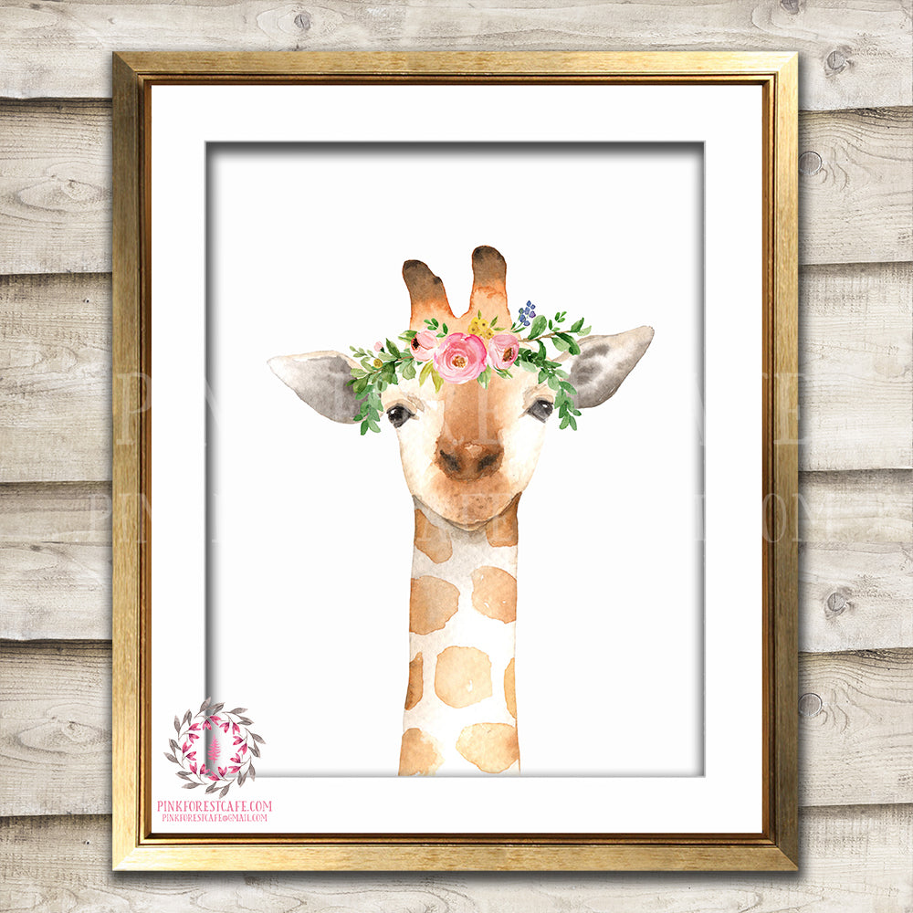 Boho Giraffe Nursery Wall Art Print Safari Zoo Print Watercolor Floral Bohemian Baby Girl Room Kids Bedroom Decor