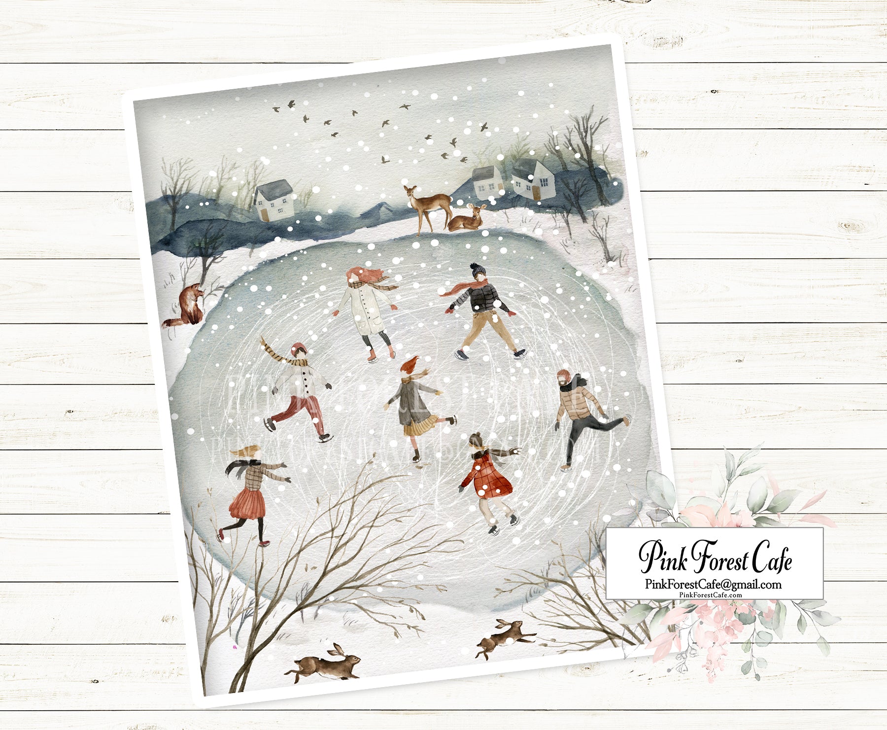 SALE Folk Winter Wonderland Ice Skating Rink Wall Art Print Printable Home Decor