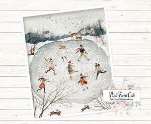 SALE Folk Winter Wonderland Ice Skating Rink Wall Art Print Printable Home Decor