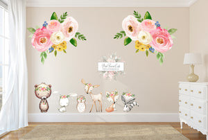 8 Deer Fox Bear Bunny Wall Decal Sticker Set Large Bouquet Florals Baby Boho Woodland Nursery Floral Owl Raccoon Art Decor