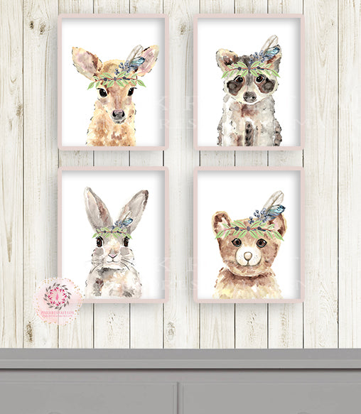 4 Deer Bunny Rabbit Bear Wall Art Print Feather Woodland Nursery Raccoon Baby Room Set Lot Prints Printable Décor