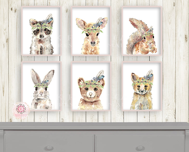 NEW 6 Deer Fox Bunny Rabbit Bear Wall Art Print Feather Woodland Nursery Raccoon Baby Room Set Lot Prints Printable Décor