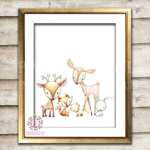 Fox Deer Bunny Rabbit Watercolor Woodland Boho Nursery Baby Room Printable Print Wall Art Decor