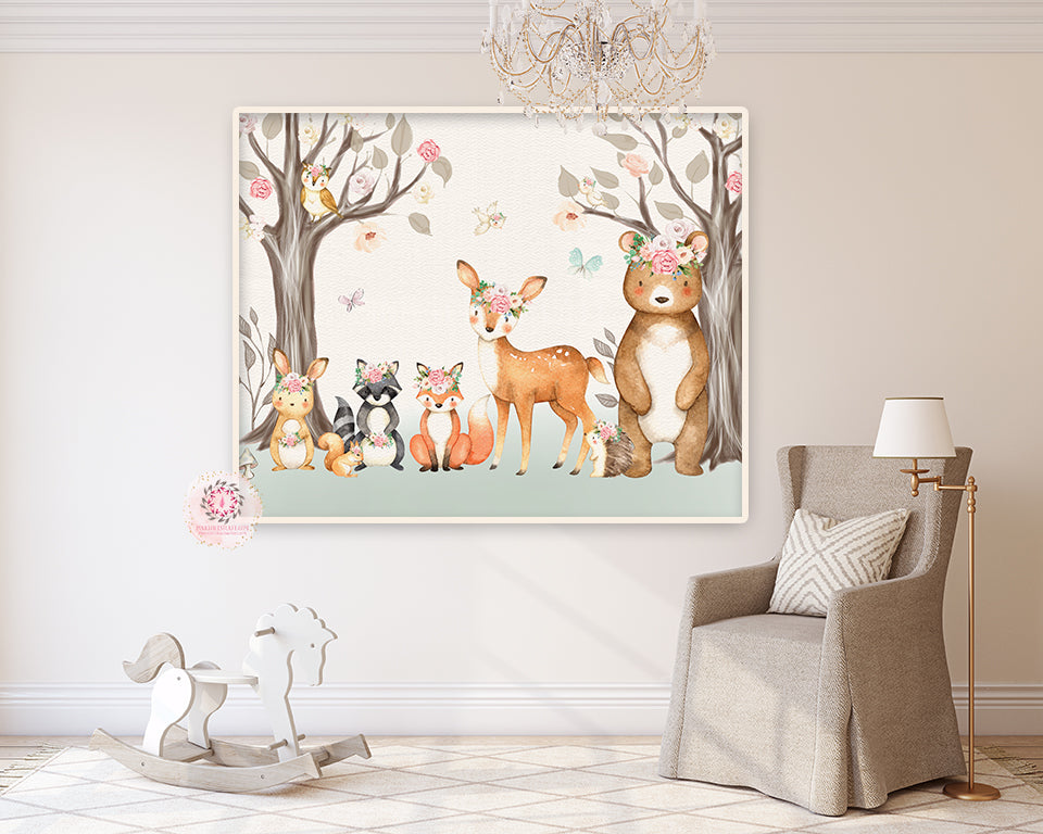 Boho Woodland Animals Wall Art Print Peonies Deer Bunny Fox Bear Hedgehog Watercolor Baby Girl Nursery Printable Decor