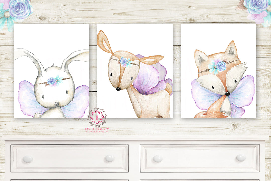 3 Deer Fox Bunny Rabbit Fairy Wings Wall Art Print Woodland Boho Bohemian Nursery Baby Girl Room Set Lot Prints Printable Decor
