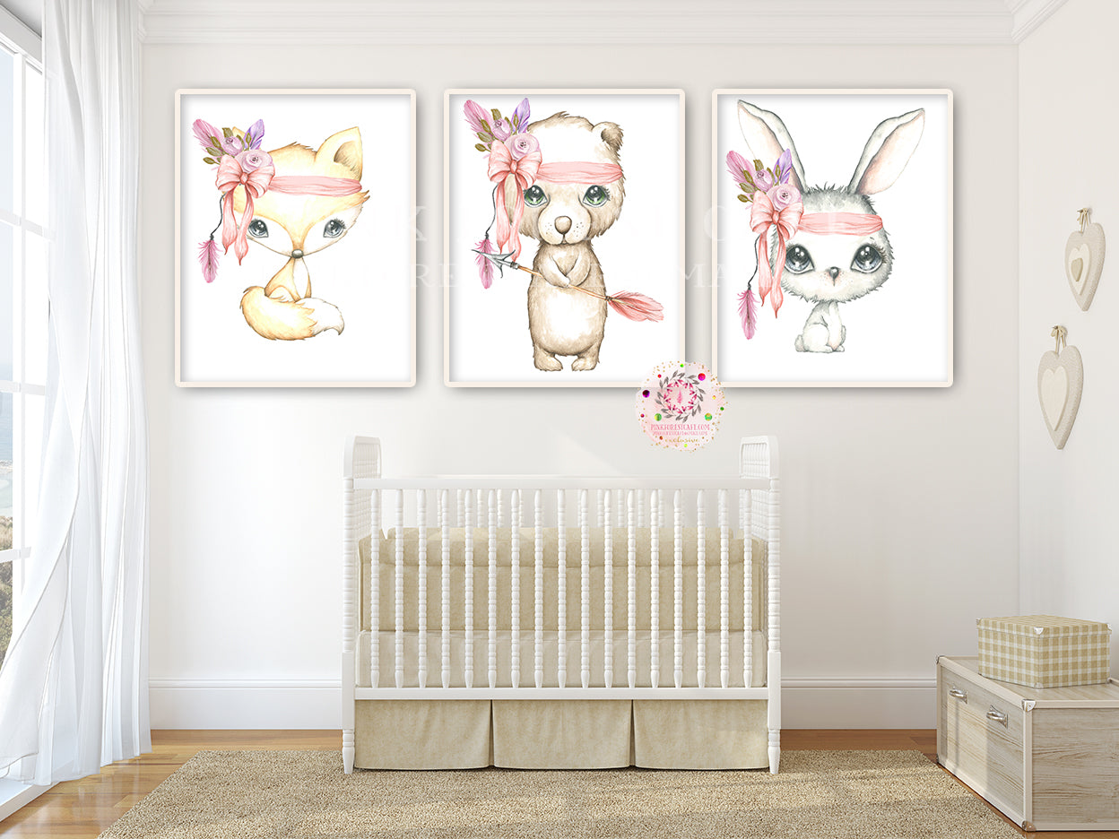 NEW 3 Fox Bunny Rabbit Bear Boho Wall Art Print Pink Tribal Woodland Bohemian Arrow Floral Nursery Baby Girl Room Set Lot Prints EXCLUSIVE** Printable Décor