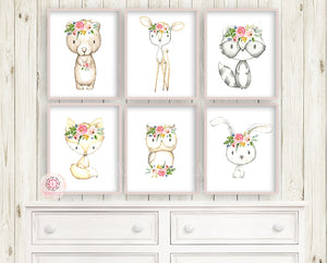 NEW 6 Deer Fox Bunny Rabbit Bear Boho Wall Art Print Woodland Bohemian Floral Nursery Owl Raccoon Pink Baby Girl Room Set Lot Prints EXCLUSIVE** Printable  Décor