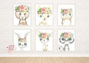 NEW 6 Deer Fox Bunny Rabbit Bear Boho Wall Art Print Woodland Bohemian Floral Nursery Owl Raccoon Pink Baby Girl Room Set Lot Prints EXCLUSIVE** Printable Décor
