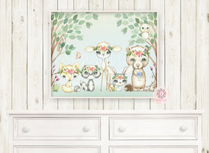 Woodland Animals Wall Art Print Deer Bunny Fox Bear Hedgehog Watercolor Baby Girl Nursery Exclusive Printable Decor