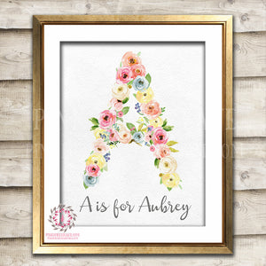 Monogram Initial Personalized Watercolor Floral Baby Nursery Decor Printable Wall Art Print