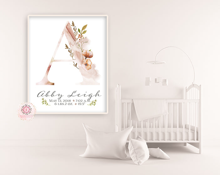 Ethereal Baby Name Monogram Wall Art Print Initial Personalized Initials Birth Stats Announcement Gift Watercolor Splash Floral Baby Nursery Newborn Keepsake Custom Customized Printable Decor