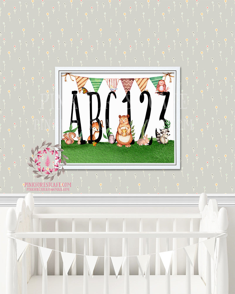 ABC 123 Alphabet Bear Woodland Printable Print Wall Art Watercolor Baby Nursery Decor