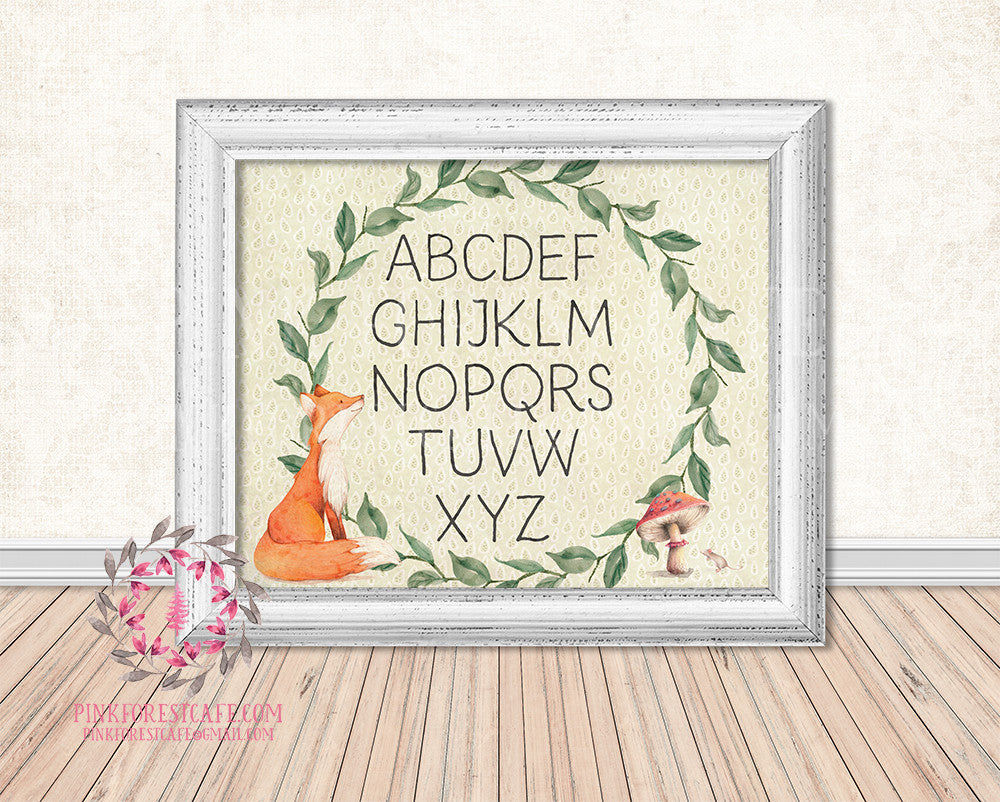 ABC Alphabet Sampler Fox Woodland Printable Print Wall Art Watercolor Baby Nursery Decor
