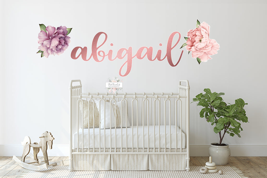 3 Rose Gold Floral Baby Name Wall Decal Peony Peonies Flower Sticker Blush Flowers Boho Decor
