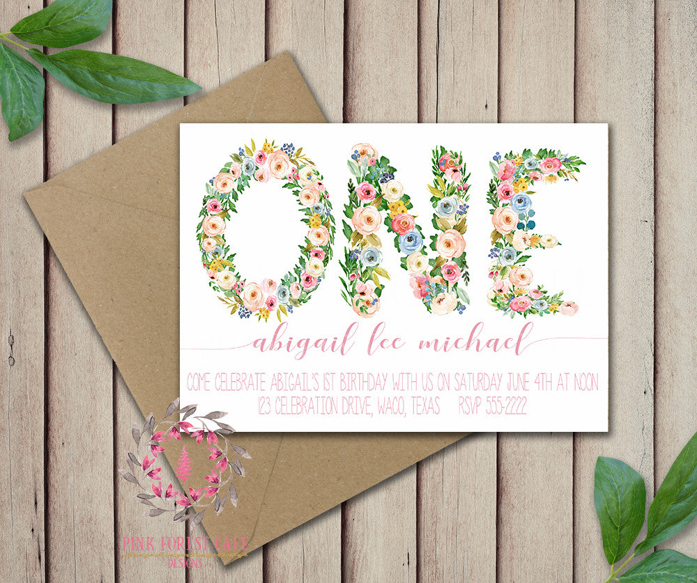 Baby Girl First 1st ONE Watercolor Floral Birthday Party Invitation Announcement Invite Printable Art Stationery Card