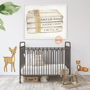 Stacked Books Wall Art Print Birth Stats Baby Name Nursery Printable Decor