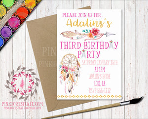 Boho Tribal Bohemian Girl Birthday Party Baby Bridal Shower Printable Invitation Invite Announcement