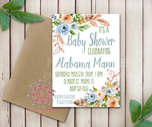 Baby Bridal Shower Birthday Party Invites Wedding Invitation Save The Date Announcement Invite Feathers Tribal Woodland Watercolor Floral Rustic Printable Art Stationery Card
