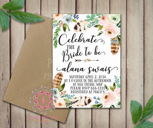 Celebrate The Bride Bridal Shower Birthday Party Wedding Baby Shower Invitation Save The Date Announcement Invite Feathers Tribal Woodland Watercolor Floral Rustic Printable Art Stationery Card