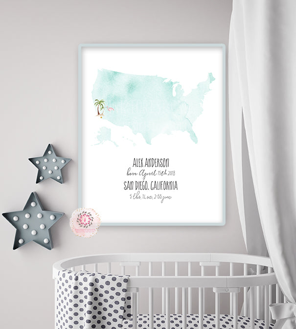 Wanderlust Map Baby Name Wall Art Print Personalized Icons Birth Stats Nursery Baby Boy Girl Gender Neutral Room Watercolor Personalized Printable Decor