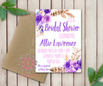 Baby Bridal Shower Birthday Party Invites Purple Wedding Invitation Save The Date Announcement Invite Feathers Tribal Woodland Watercolor Floral Rustic Printable Art Stationery Card
