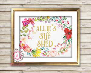 Personalized She Shed Boho Shabby Chic Printable Garden Flowers Wall Art Print Poster Sign Bohemian Gold Room Watercolor Floral Home Decor