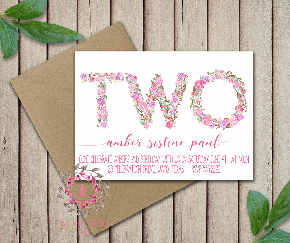 Baby Girl Second 2nd TWO Watercolor Floral Birthday Party Invitation Announcement Invite Printable Art Stationery Card