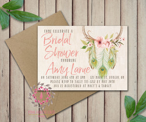Dreamcatcher Bride Bridal Shower Birthday Party Wedding Baby Shower Invitation Save The Date Announcement Invite Feathers Tribal Woodland Watercolor Floral Rustic Printable Art Stationery Card