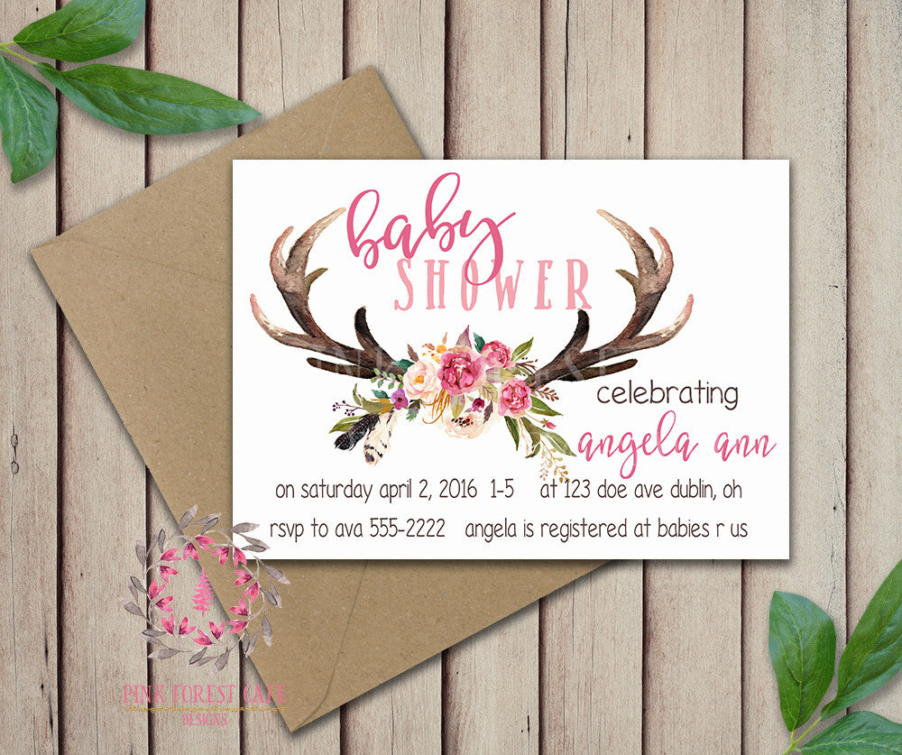 Baby Bridal Bride Shower Birthday Party Deer Antlers Wedding Invitation Save The Date Announcement Invite Feathers Tribal Woodland Watercolor Floral Rustic Printable Art Stationery Card