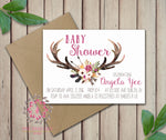 Baby Bridal Bride Shower Birthday Party Deer Antlers Wedding Invitation Save The Date Announcement Invite Feathers Tribal Woodland Watercolor Floral Rustic Printable Art Stationery Card