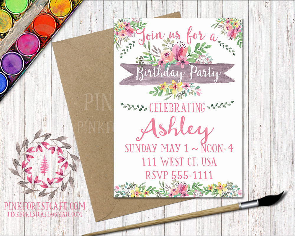 Watercolor Floral Girl Birthday Party Baby Bridal Shower Printable Invitation Invite Announcement