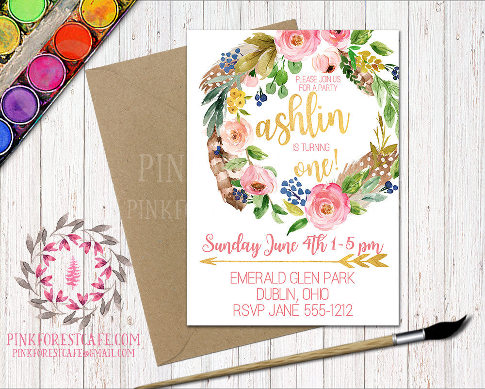 Boho Baby Girl 1st Birthday Party Invitation Invite Feathers Woodland Watercolor Floral Printable