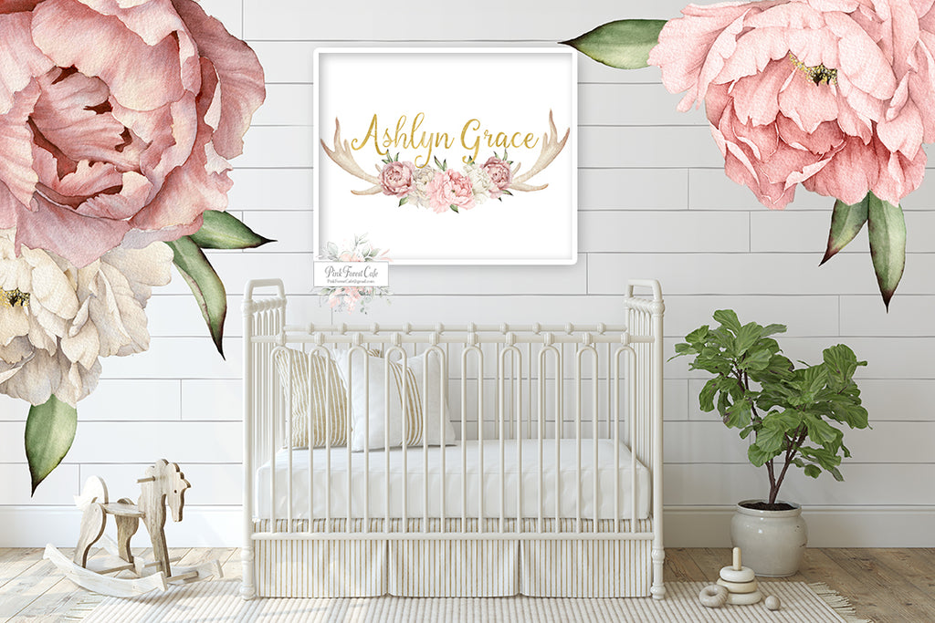 Baby Name Personalized Antler Peonies Wall Art Print + Name Peony Blush Personalized Woodland Nursery Baby Girl Room Blush Floral Bohemian Watercolor Printable Decor