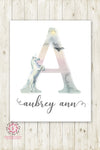 Unicorn Ethereal Boho Shabby Chic Baby Name Wall Art Print Letter A Nursery Personalized Watercolor Floral Printable Decor