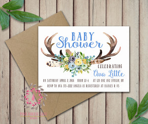 Baby Boy Invite Invitation Blue Antlers Shower Birthday Party Deer Wedding Bridal Save The Date Announcement Feathers Tribal Woodland Watercolor Floral Rustic Printable Art
