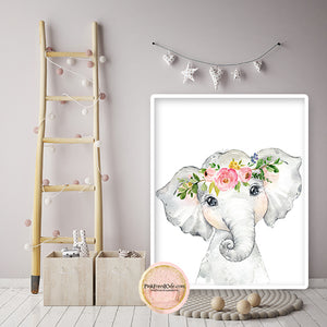 Boho Elephant Wall Art Print Nursery Zoo Baby Girl Room Floral Bohemian Safari Watercolor Printable Decor