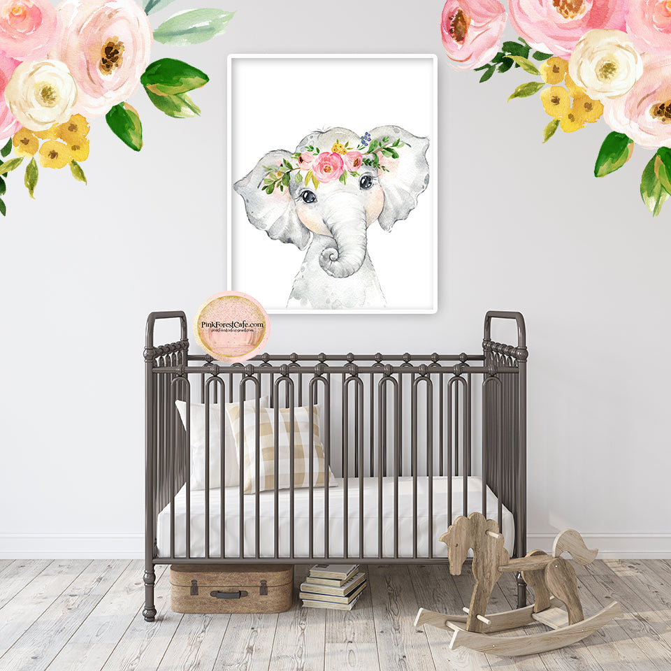 Boho Elephant Wall Art Print Nursery Zoo Baby Girl Room Floral Bohemian Safari Watercolor Printable Decor