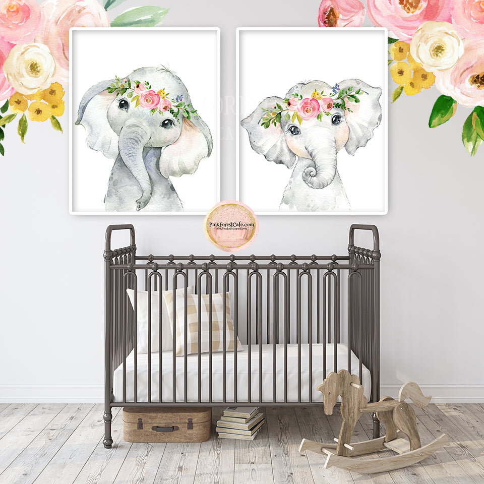 2 Boho Elephant Wall Art Print Nursery Zoo Baby Girl Room Floral Bohemian Safari Watercolor Printable Decor