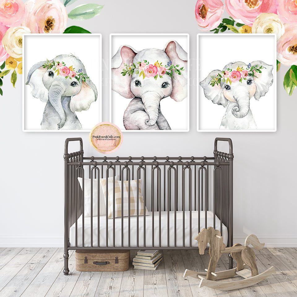 3 Boho Elephant Wall Art Print Nursery Zoo Baby Girl Room Floral Bohemian Safari Watercolor Printable Decor