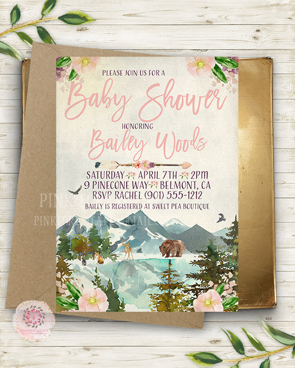 Pink Woodland Deer Bear Bunny Fox Invite Invitation Baby Shower Boho Watercolor Birth Announcement Printable