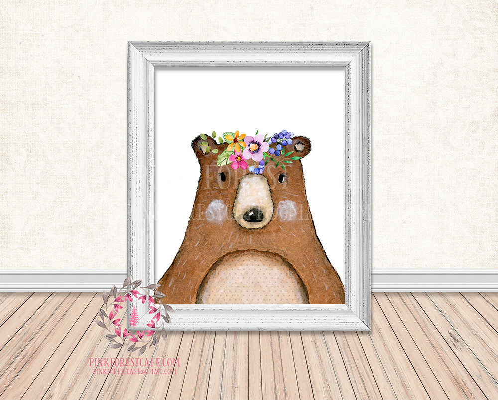 Bear Woodland Boho Floral Nursery Baby Girl Printable Print Wall Art Decor
