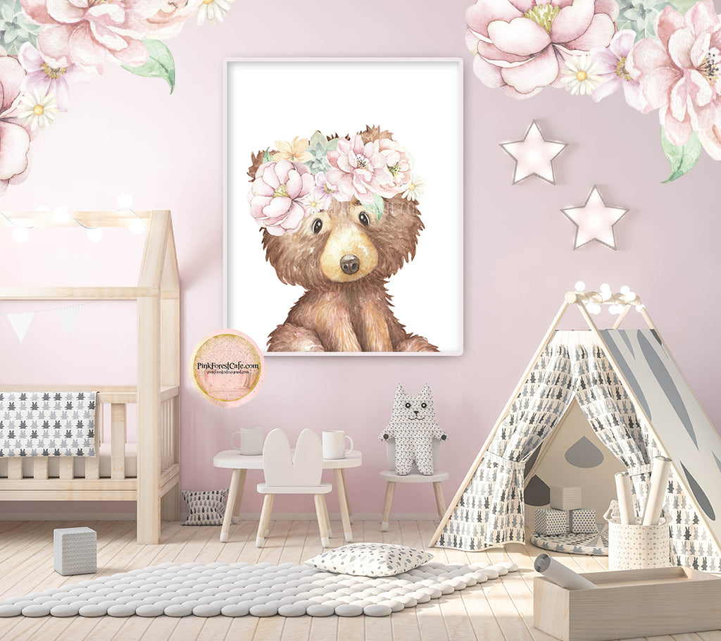 Boho Bear Blush Wall Art Print Woodland Nursery Baby Girl Room Floral  Bohemian Watercolor Printable Decor