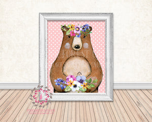 Bear Woodland Boho Floral Nursery Baby Girl Printable Print Wall Art Decor